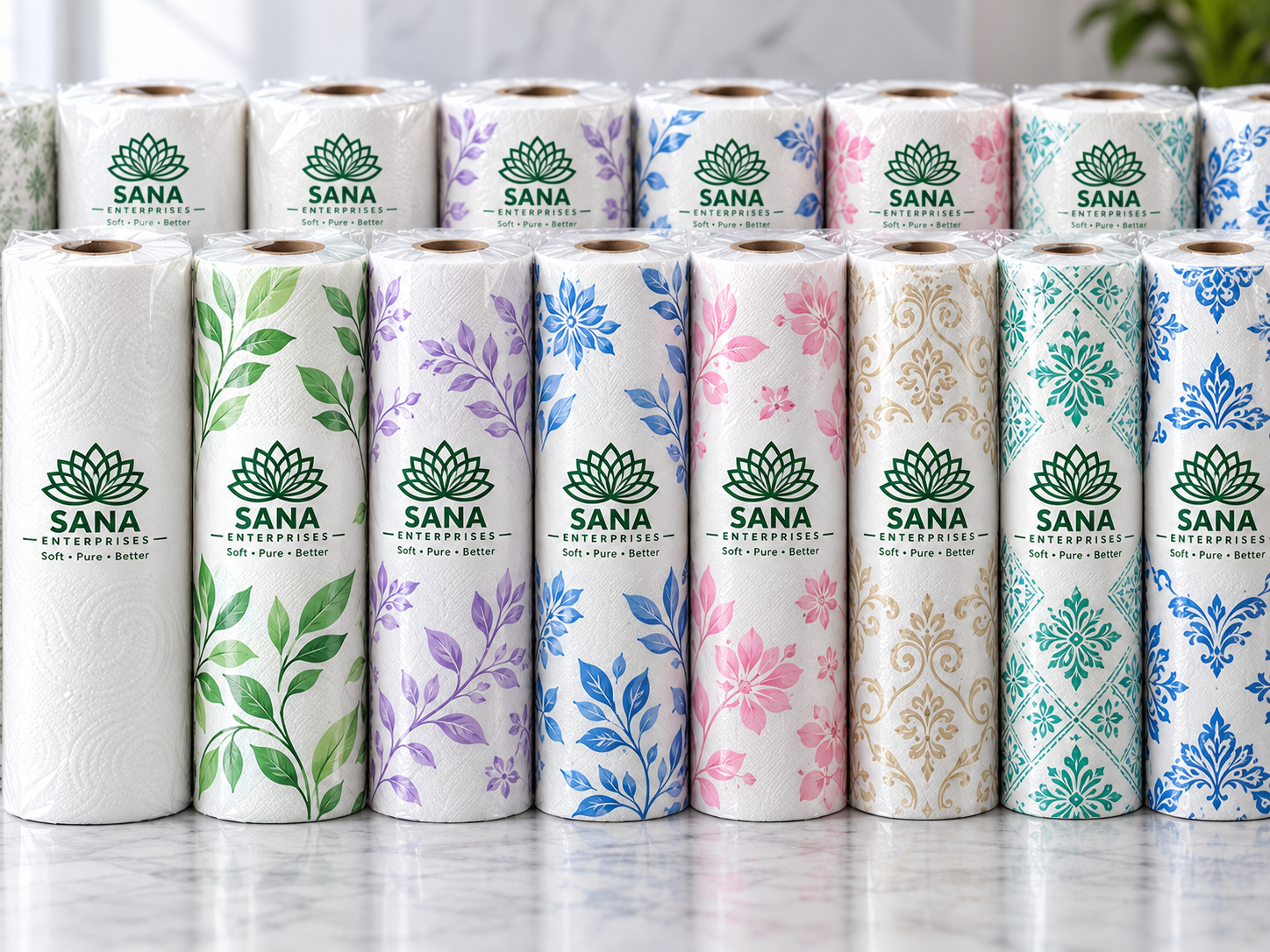 Illustrative decorative tissue rolls with printed patterns